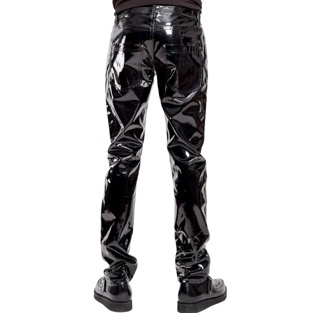 Men Latex Leather Pants Low Waist Faux Leather Shiny Pants Fashion Tight Trousers for Club Stage Show Rock Band Performance