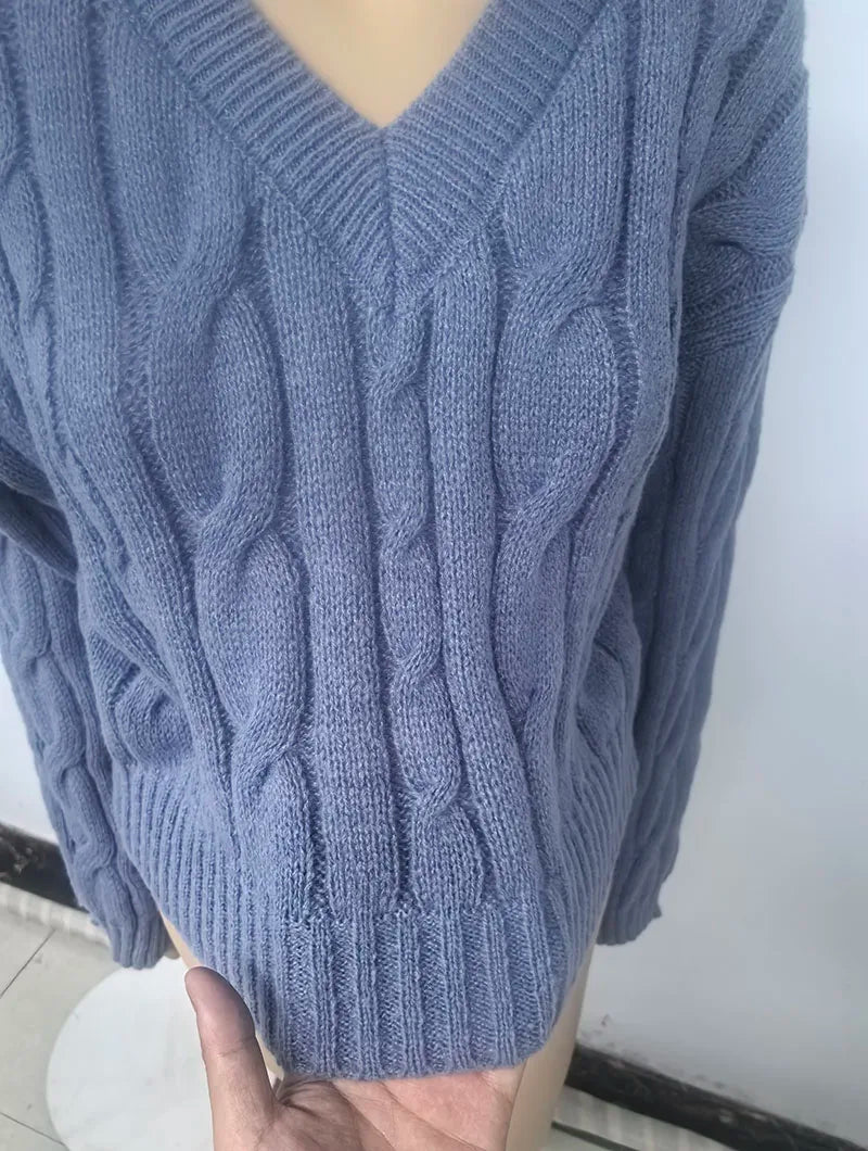 Vintage Twist Cropped Sweater Pullover Women Autumn Winter Loose V-Neck Knitted Jumper Lazy Style Classic Long Sleeve Knitwear