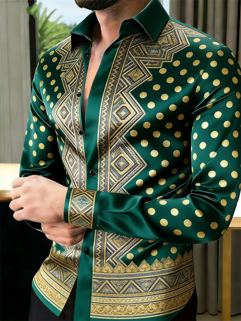 New 11 color men's long sleeved shirt with gold 3D printing, fashionable polka dot pattern, luxurious shirt style