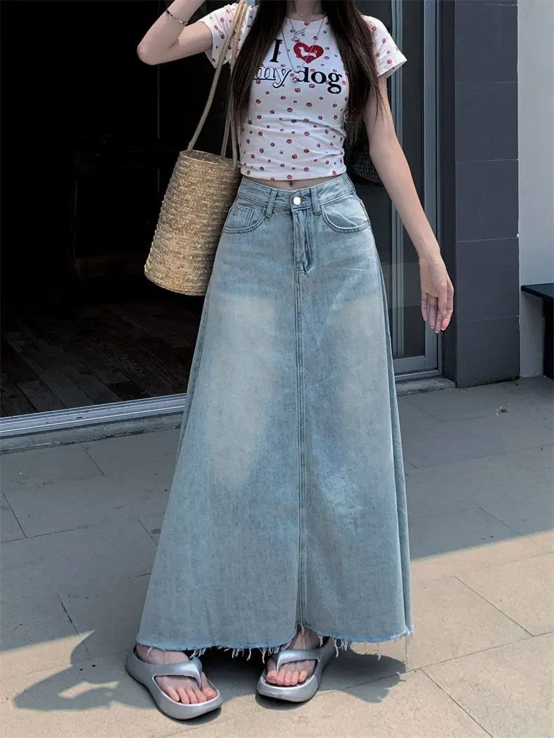 Retro High Waist Washed Denim Mini Skirt for Women plus Size Summer Fashionable Slimming Belly Covering Skirts
