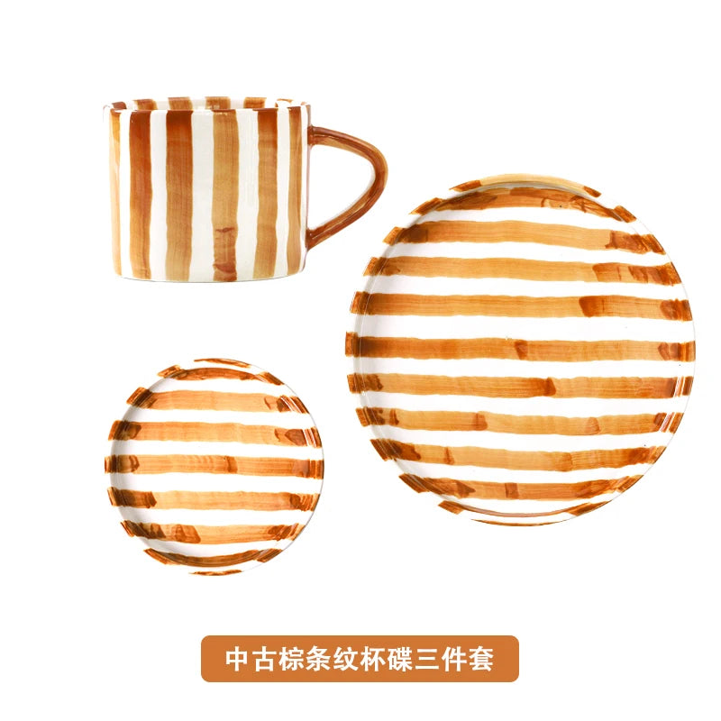 European Striped Ceramic Coffee Cup Saucer Modern Breakfast Dessert Plate Tea Cup Decorative Art Striped Coffee Cup 200 Ml Decor