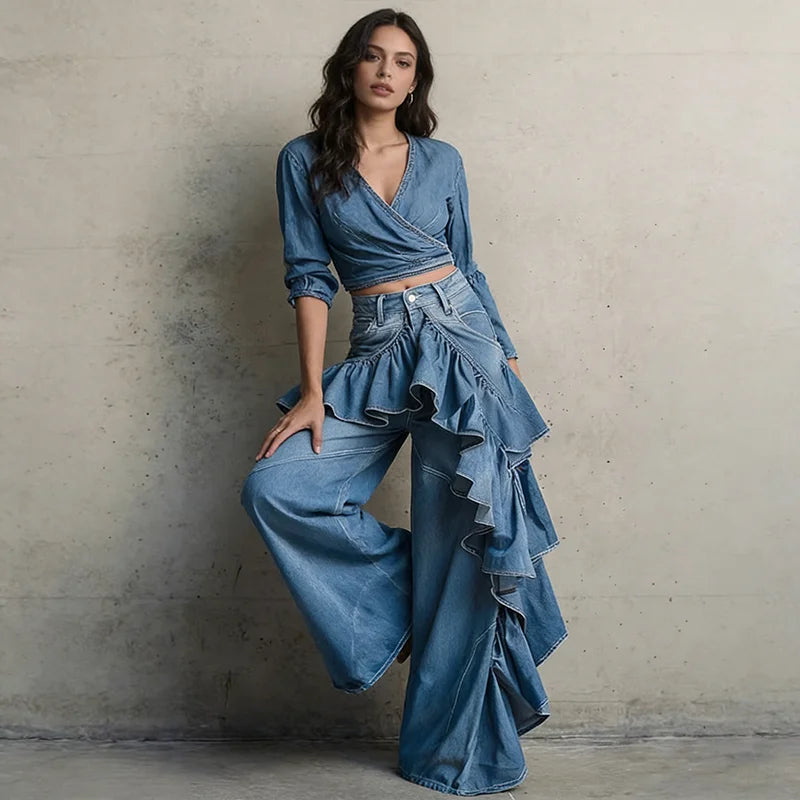 Women's Y2K Streetwear High Waist Jeans Blue Denim Baggy Straight Leg Wide Leg Pants Vintage Hip Hop Style Casual Trousers