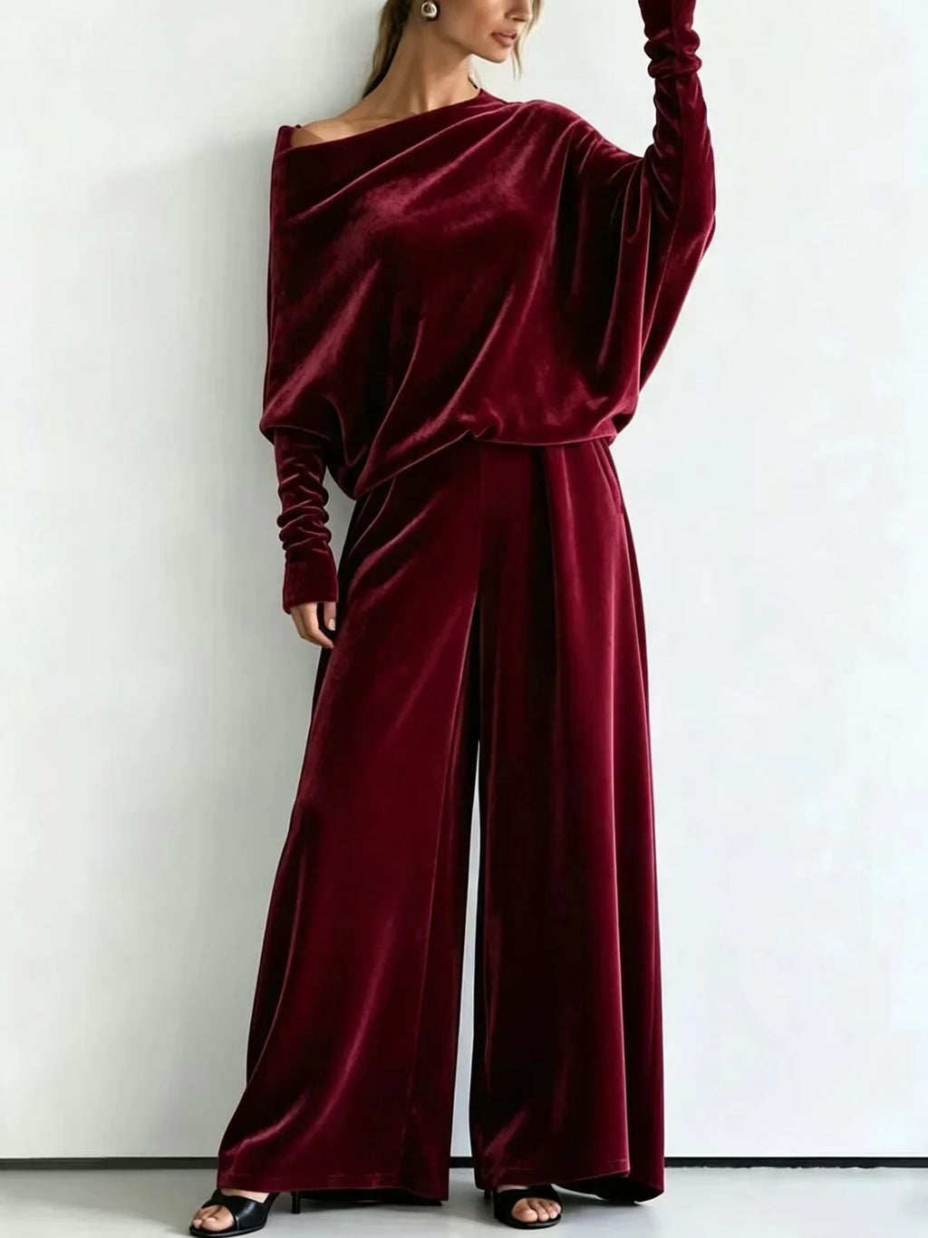 Women's Suit Two Piece Pants Set One Shoulder Batwing Sleeve Velvet Wide Leg Trousers Loose Fit Autumn Winter Tracksuit