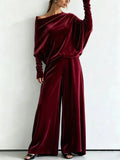 Women's Suit Two Piece Pants Set One Shoulder Batwing Sleeve Velvet Wide Leg Trousers Loose Fit Autumn Winter Tracksuit