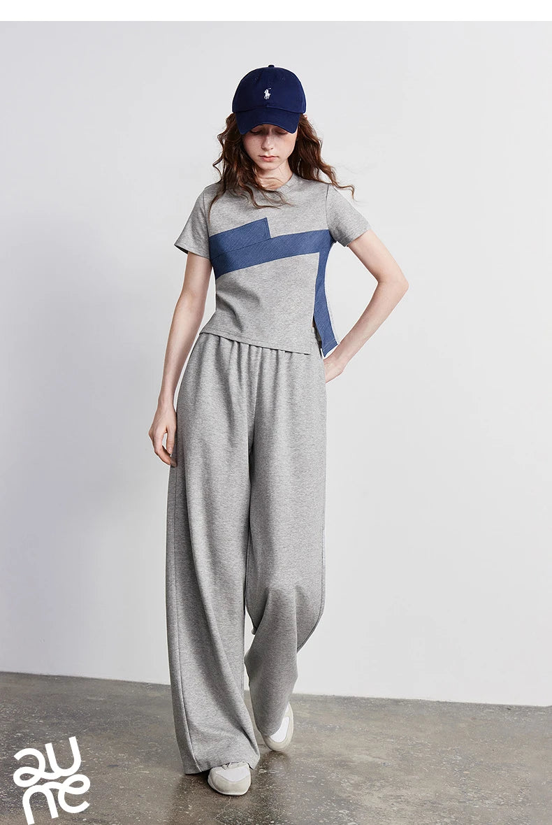 TOYOUTH Women Two Piece Set 2026 Summer New T-Shirt Wide Leg Pants Color Block Splicing Casual Sporty Trendy Outfits