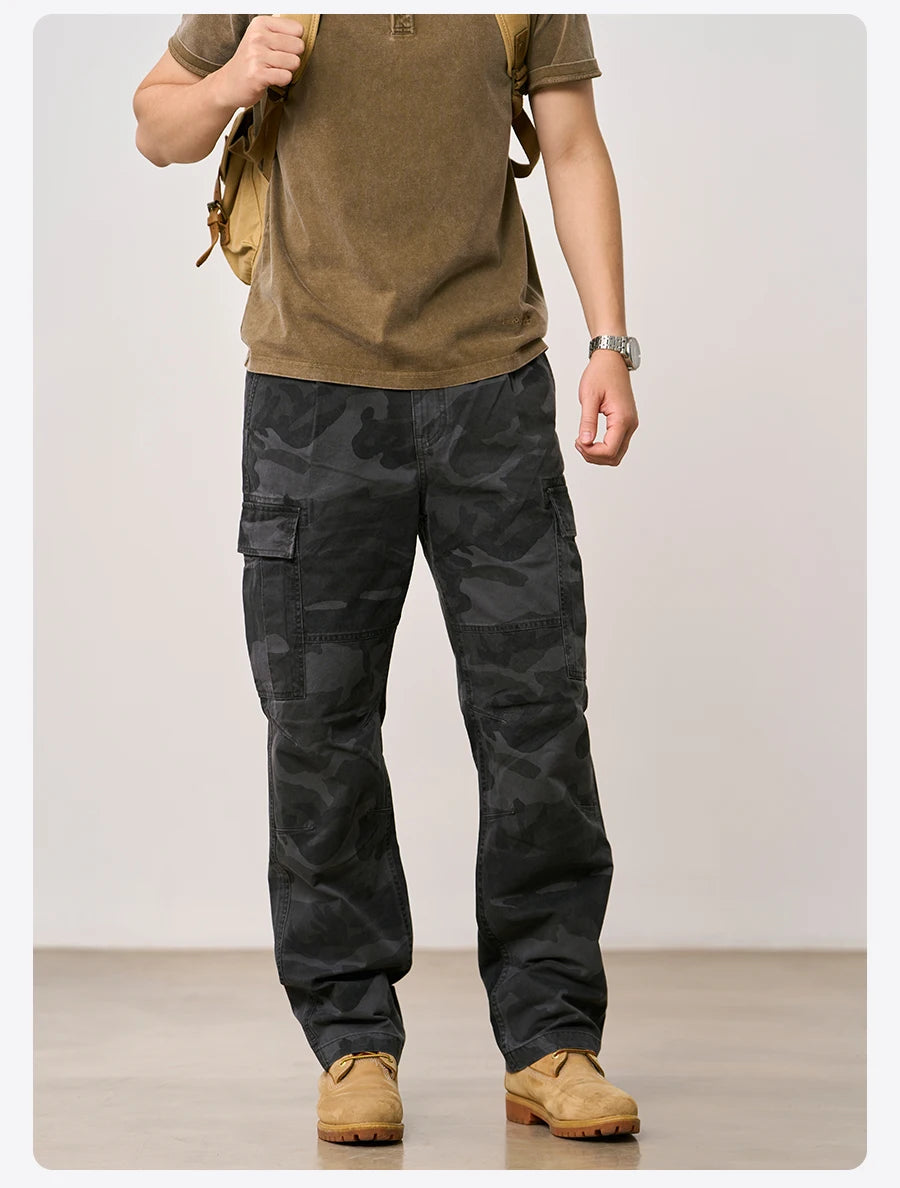 SIMWOOD 2026 Autumn Winter New Loose Straight 300gsm 100% Cotton Fabric Camouflage Cargo Pants Washed Vintage Outdoor Trousers