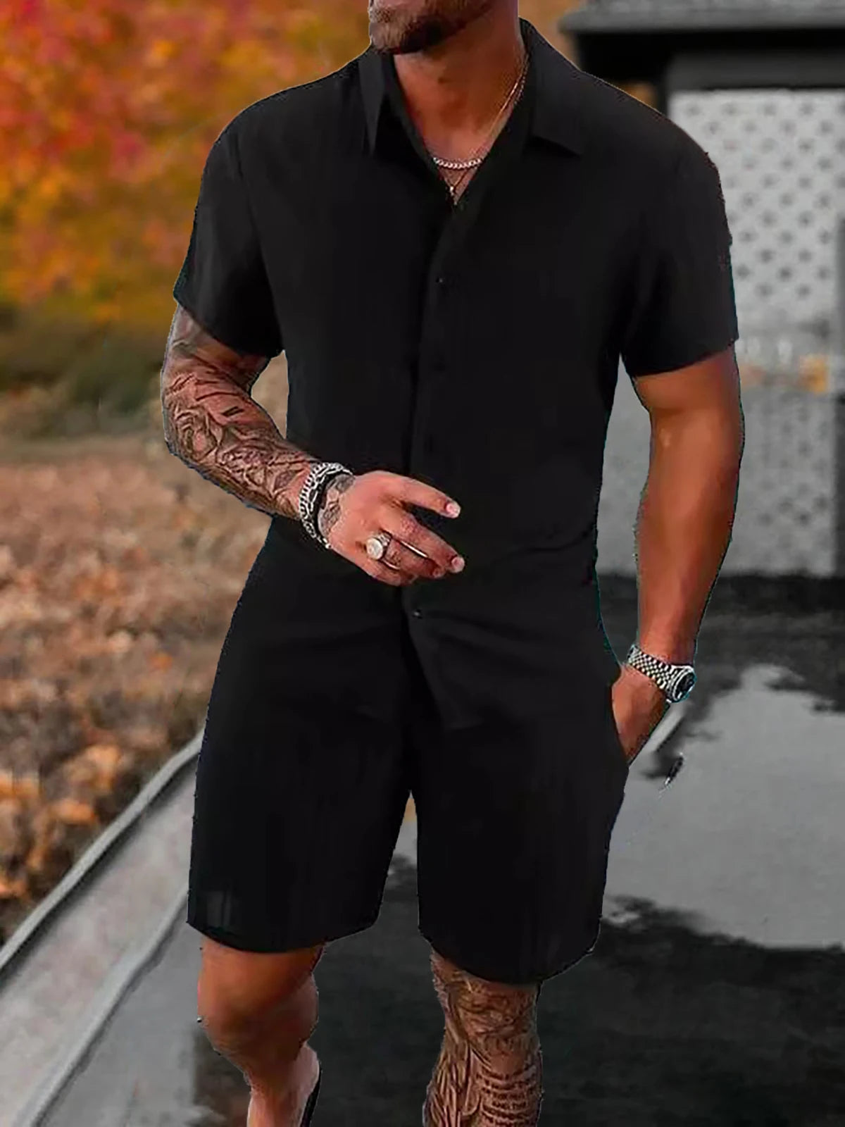 Lazy Street Style Vertical Stripe Slimming Shirt Shorts Two-piece Set No Need To Pair With Autumn Men's Thin Knit Sports Suit