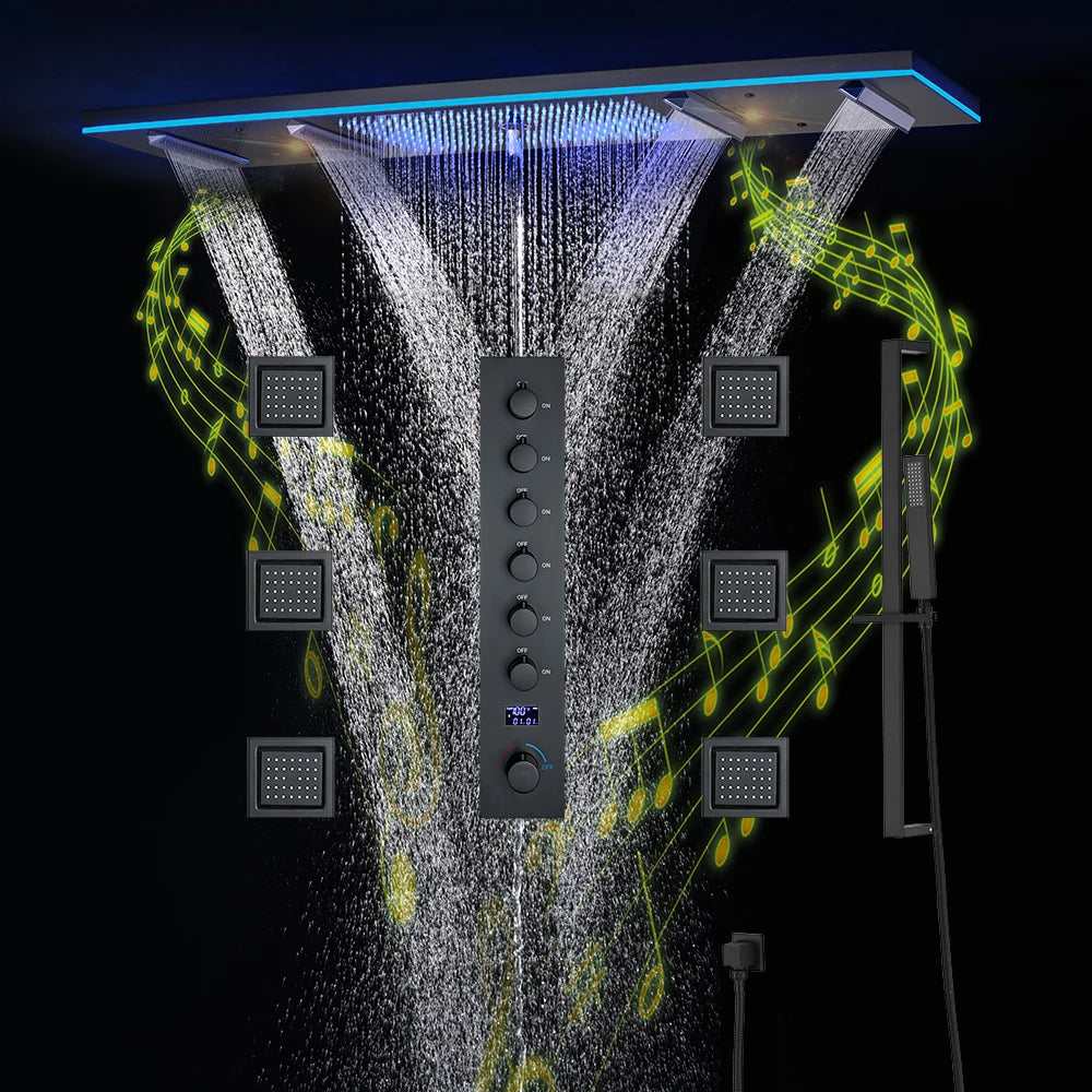 M Boenn 47*12 Inch LED lighting Large Black Shower Head Rainfall Bathroom Faucet Hot Cold Shower System Set Smart Showers Mixer