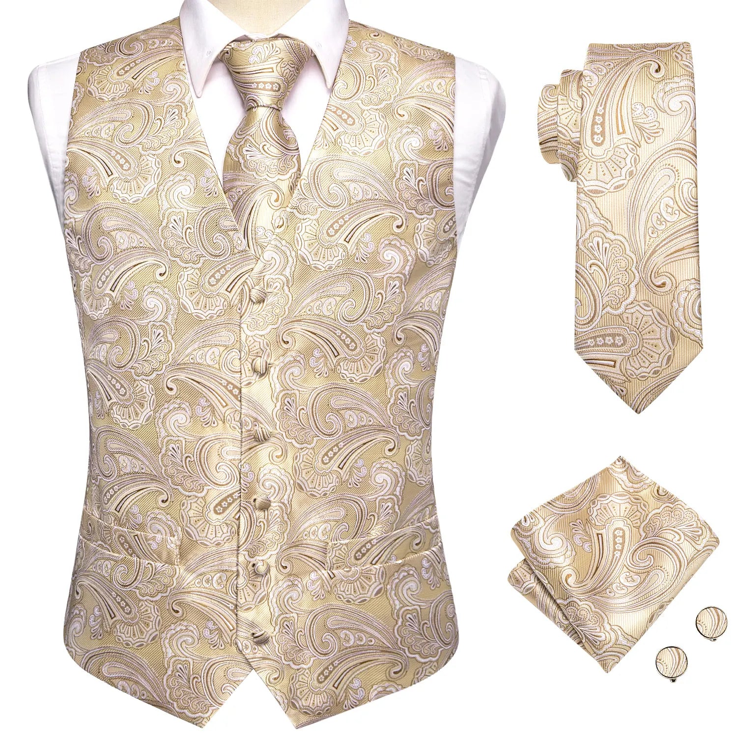 Hi-Tie Silk Mens Waistcoat Tie Set Gold Brown Orange Beige Ivory Khaki Bronze Sleeveless Jacket Suit Vest Necktie Hanky Cufflink