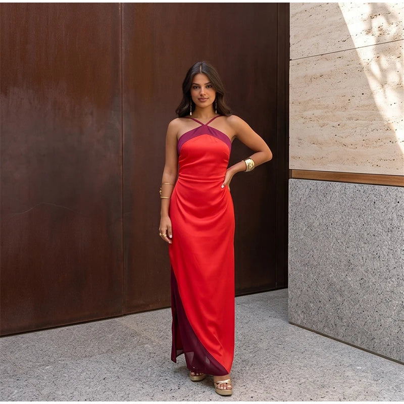  Women Sexy Color Blocking Halter Maxi Dresses Elegant Backless Off shoulder Sleeveless Slim Gowns 2026 New Lady Party Vestidos