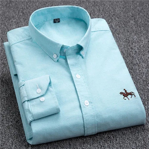 S-6XL Oxford Shirts for Men Long Sleeve Pure Cotton Solid Stripe Leisure Embroidered Horse Streetwear Business Plain Office 6XL