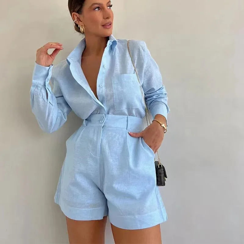 Women's Long Sleeve 2-Piece Set Casual Button Detail Shorts Outfit with Shirt Top Summer Fashion Female Suit