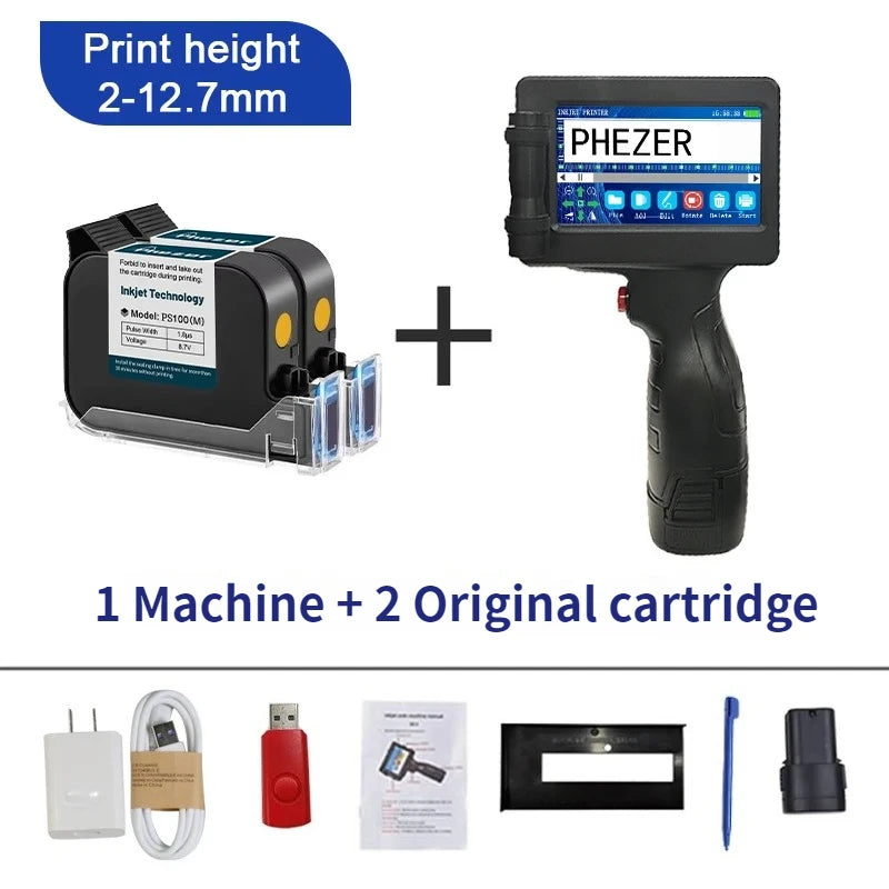 Phezer 12.7mm P17 Handheld Inkjet Printer and Yellow Ink Label Printer 28 Languages Date Number Expiry Date Logo QR Bar Batch