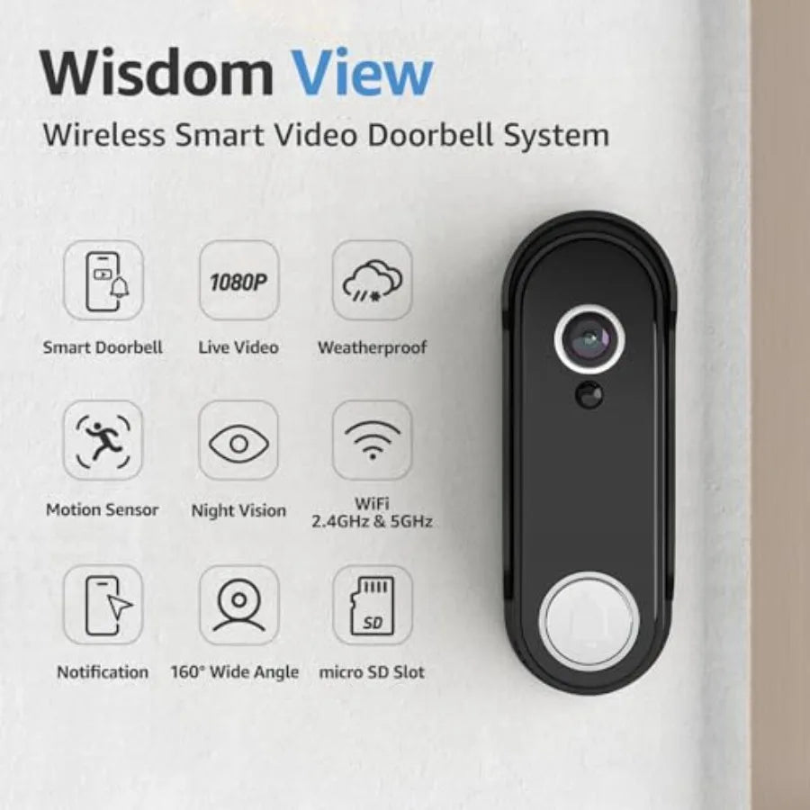 Wireless Smart Video Doorbell System for home security, ABS plastic, black, 7 touchscreen display with 1080P video, motion dete