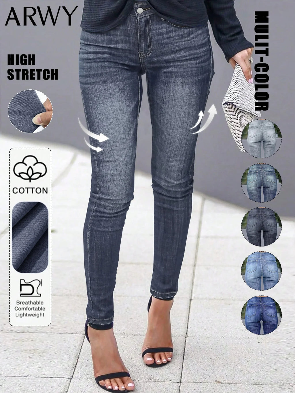 Women's Fashionable Elegant Casual Versatile Washed Cat's Whisker Pattern Skinny Fit Denim Jeans for Daily Wear