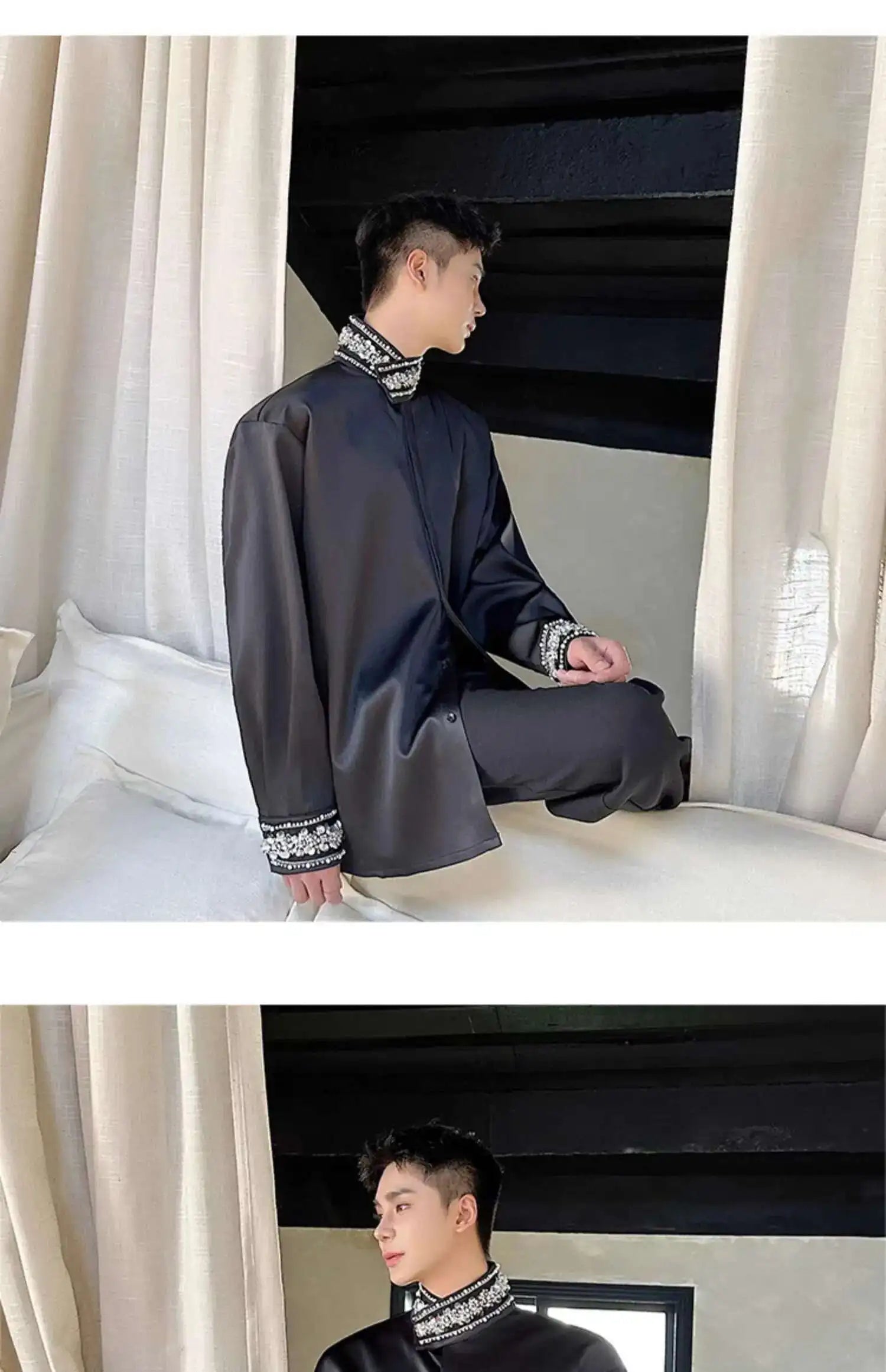 PFHQ Diamond Decoration Satin Long Sleeve Male Shirts Stand Collar Solid Color Single Breasted Men's Wear 2025 New Fashion9C7199