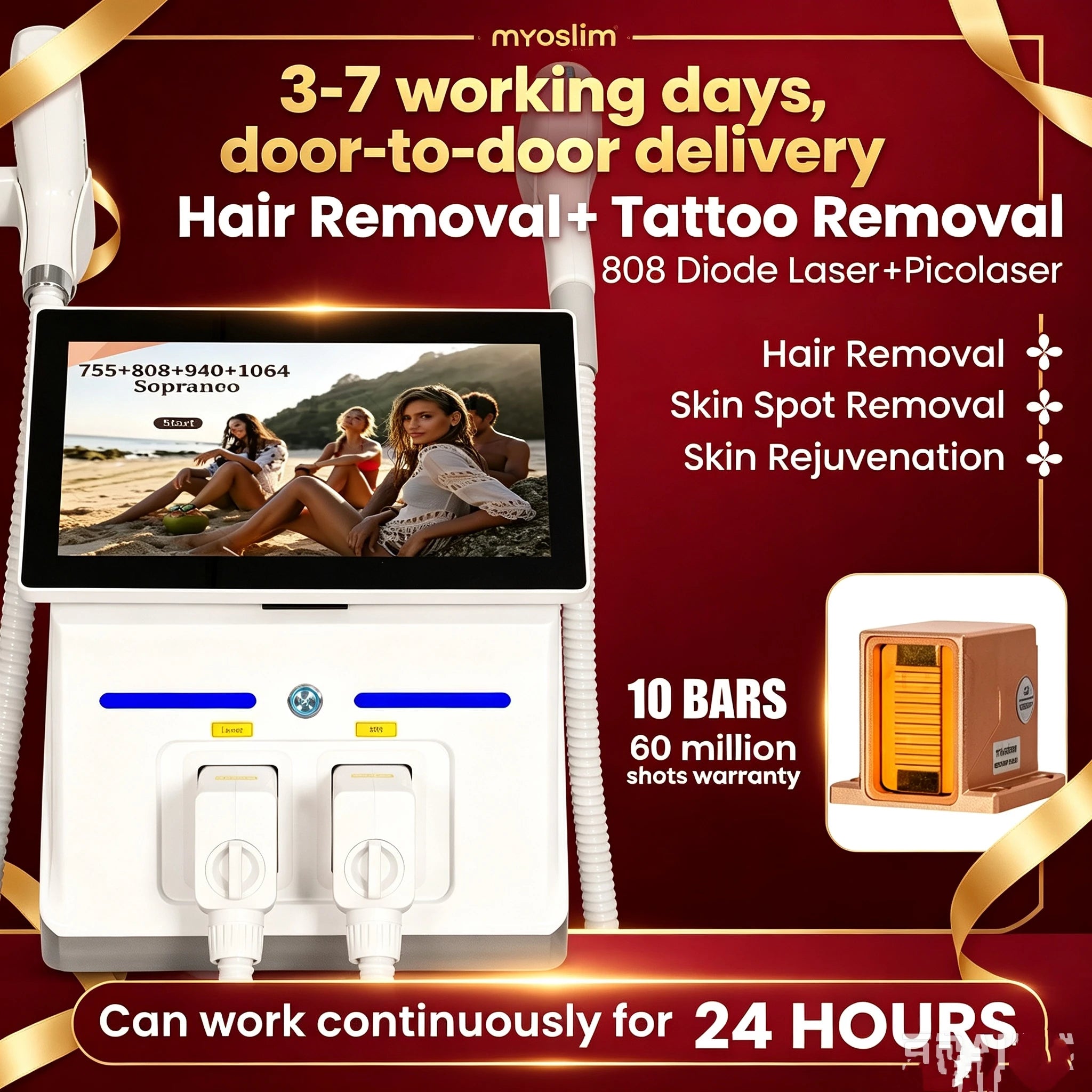 Myoslim 2In1 FAC 10Bars Diode 808 Lase Hair Removal Machin Picosecond Tattoo Removal Machine 4Wavelength Skin Rejuvenation