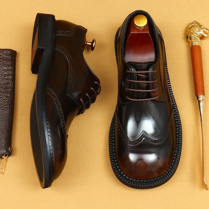 Retro Mens Dress Brogues Shoes Luxury Genuine Leather Round Toe Handmade Fashion Flat Autumn Black Wedding Social Shoes Man 2025