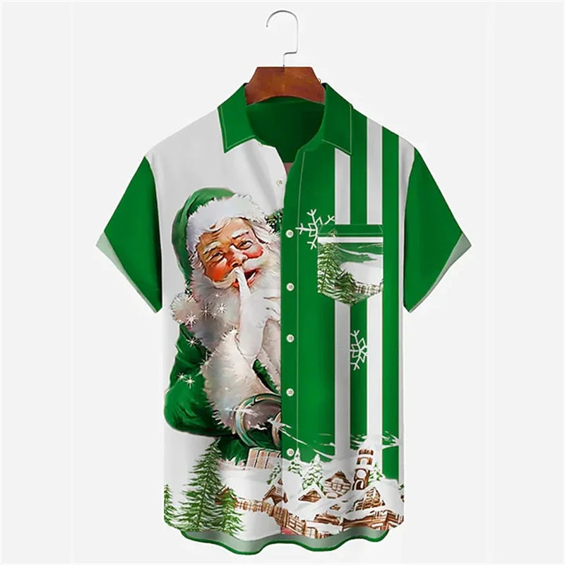 Christmas Men's Santa Claus Print Shirt Daily Wear Autumn Lapel Pocket Shirt Yellow Red Blue Green Fast Shipping