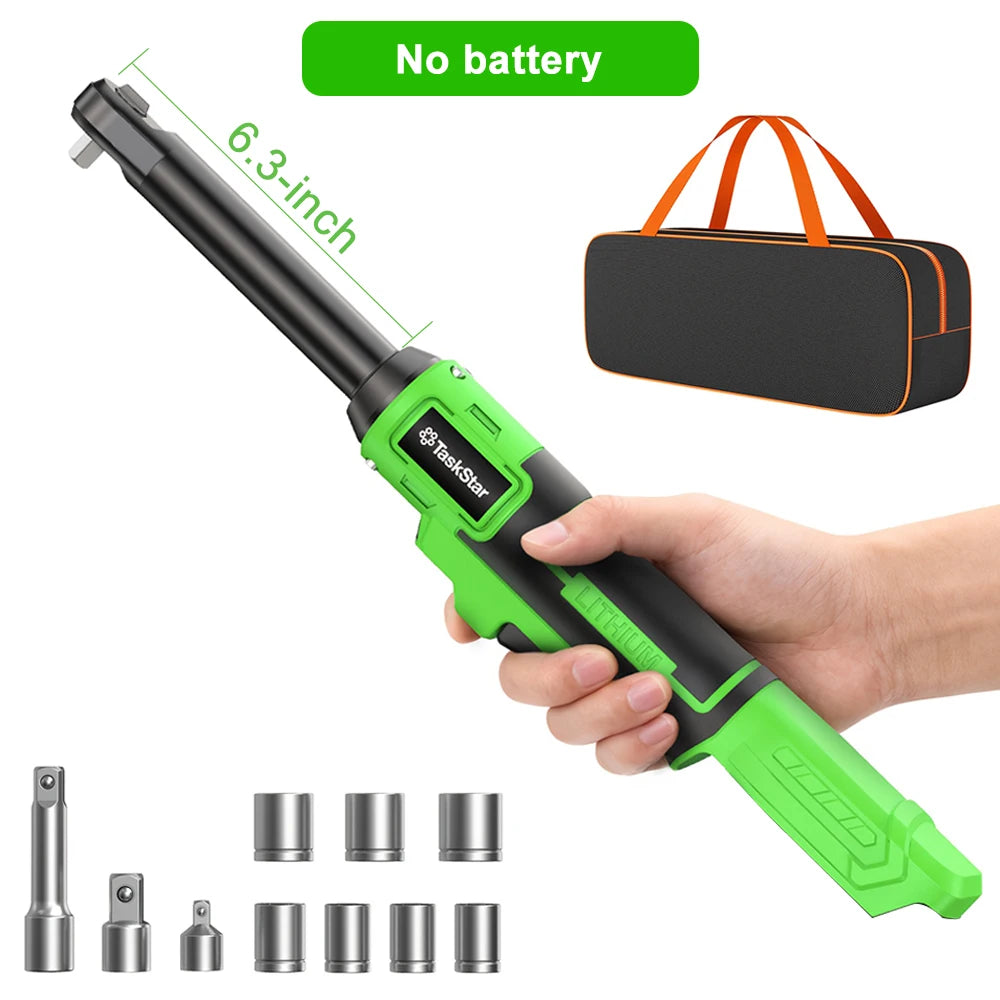 TaskStar 21V Cordless Ratchet Wrench 6.3-inch Extension Bar 70N.m 3/8-inch Electric Wrench with LED Light, 1/4&1/2-inch Adapter, 2 2000mAh Batteries, 8 Sockets, Charger