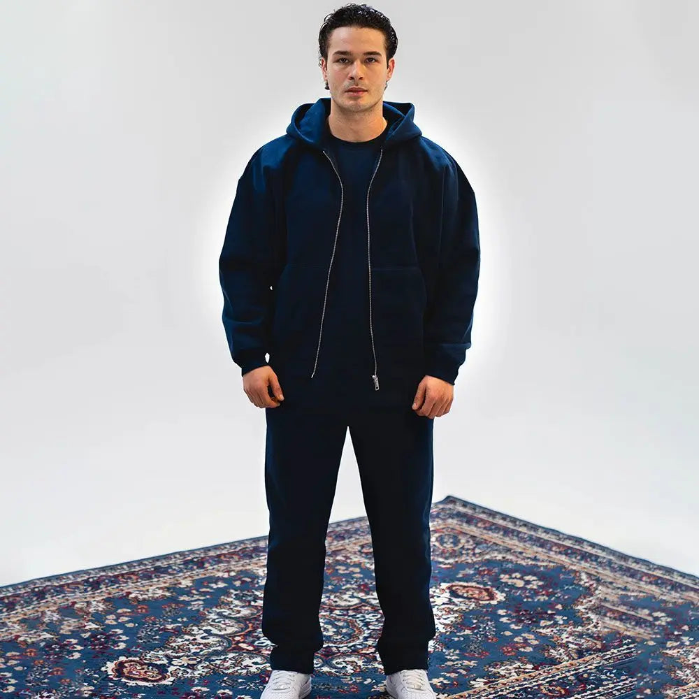 Mens Oversized Zip Up Hooded Jacket Elastic Cuff Jogger Pants Two Piece Casual Tracksuit Set