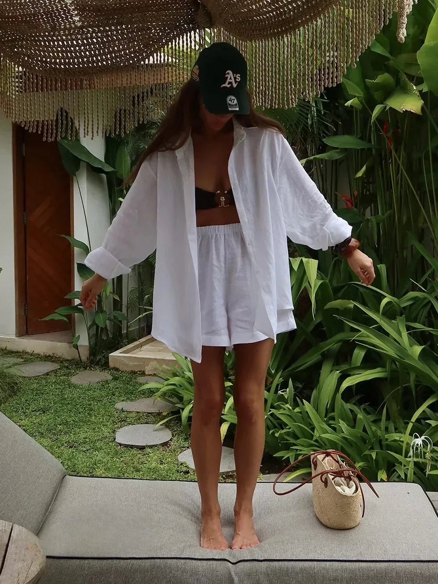 Women 2 Piece Shorts Set Casual Solid Loose Holiday Tracksuit Long Sleeve Cardigan And High Waist Female Shorts Sets 2025 Summer