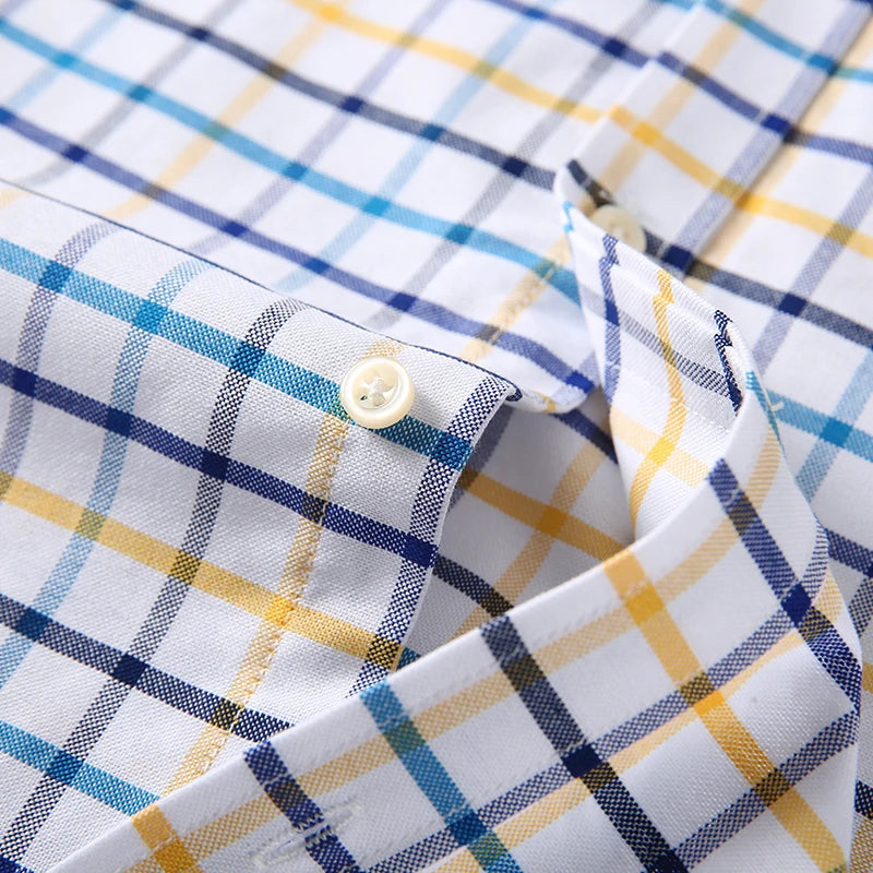 2025 Men's Social Shirt Pure Cotton Oxford Luxury Brand Thin Soft Buttoned Plaid Formal Work Western Clothing