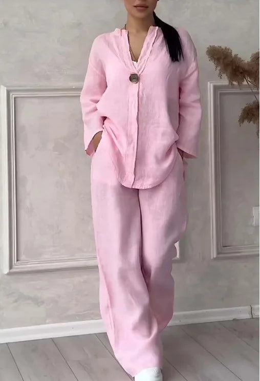 Fashion O Neck Long Sleeve Cotton Linen Shirt Suit Women Spring Autumn Casual Solid Color Pocket Pants Female Office 2 Piece Set