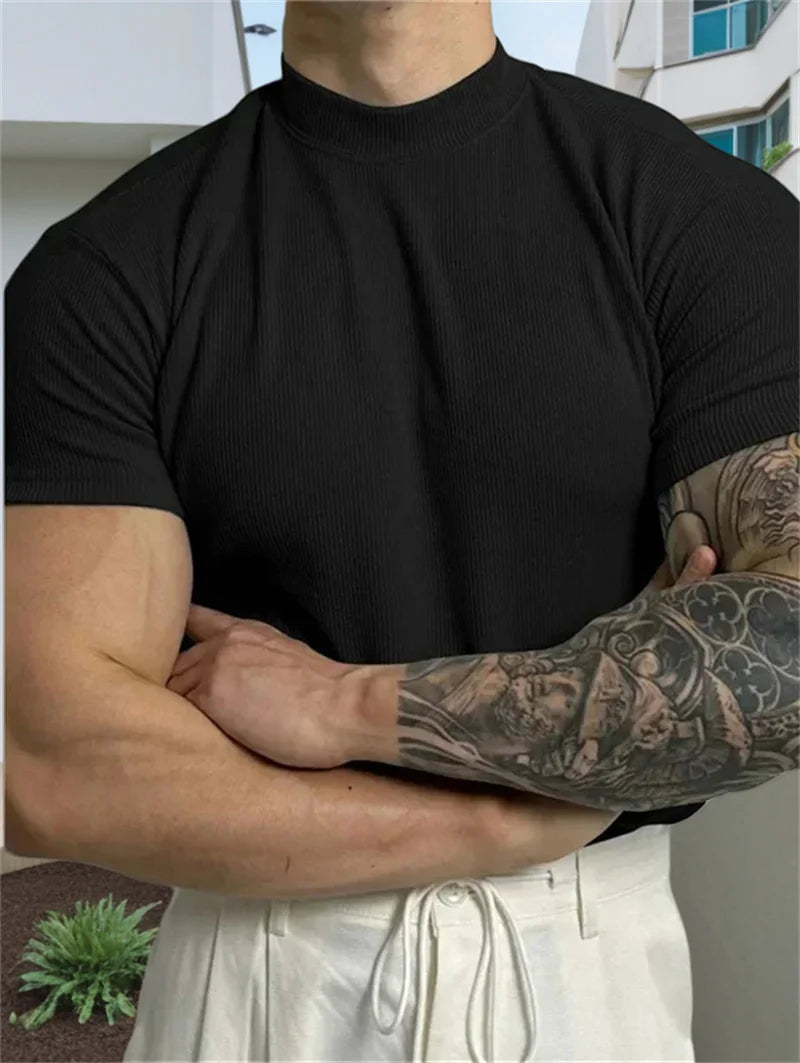 Spring Summer Elastic Comfortable Men's T-Shirt Small High Collar Stripe Shirt Short Sleeve Fitness tops Sports Casual T-Shirt