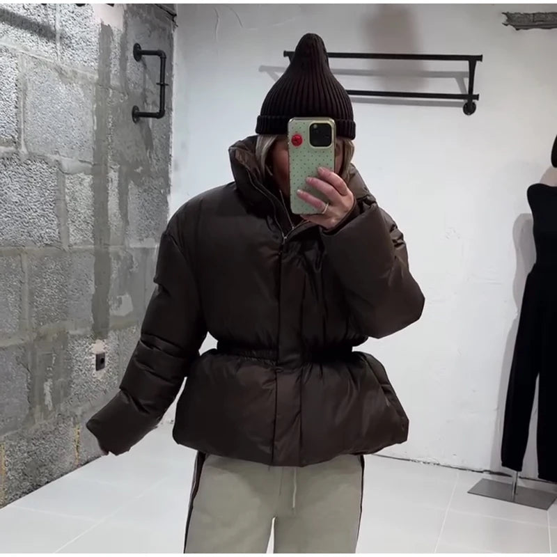 Casual Women's Waist Cinched Padded Cotton Coats Stand Collar Zipper Full Sleeve Coat 2026 Autumn Winter Lady Down Jacket New