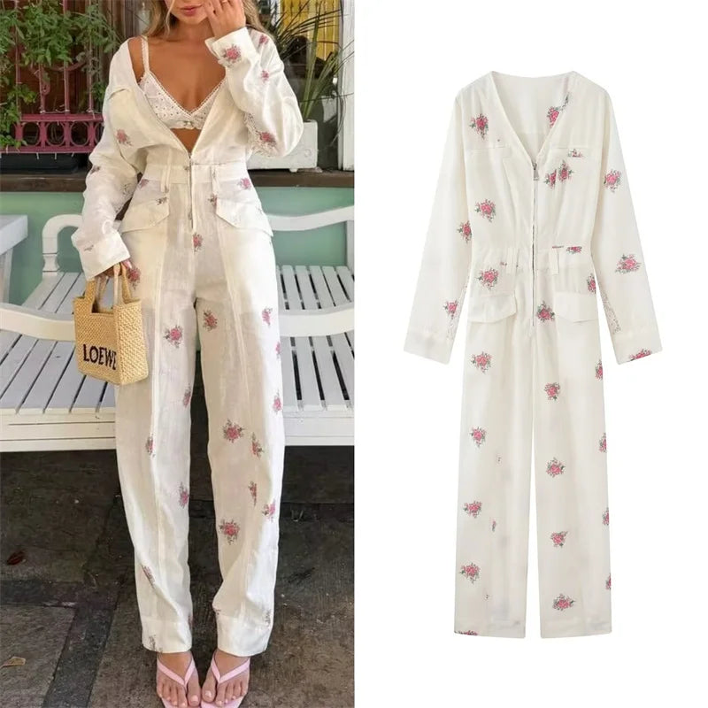 Guobioziy Women's Jumpsuit 2026 Early Fall New Arrival Fashionable Printed Long-Sleeve V-Neck Zipper Elastic Waist Jumpsuit