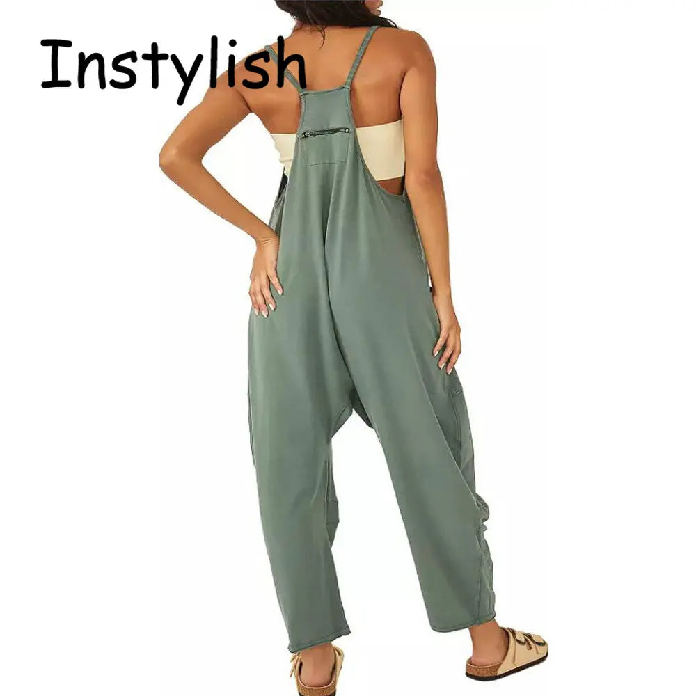 Women Casual Spaghetti Strap Sleeveless Jumpsuit Vintage Harajuku Wide Leg Loose Pants Summer Solid Oversize Overalls Rompers
