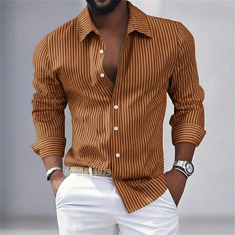 Men's striped button-down long-sleeved shirt, spring and autumn style, available in blue, pink, purple, brown, and green.