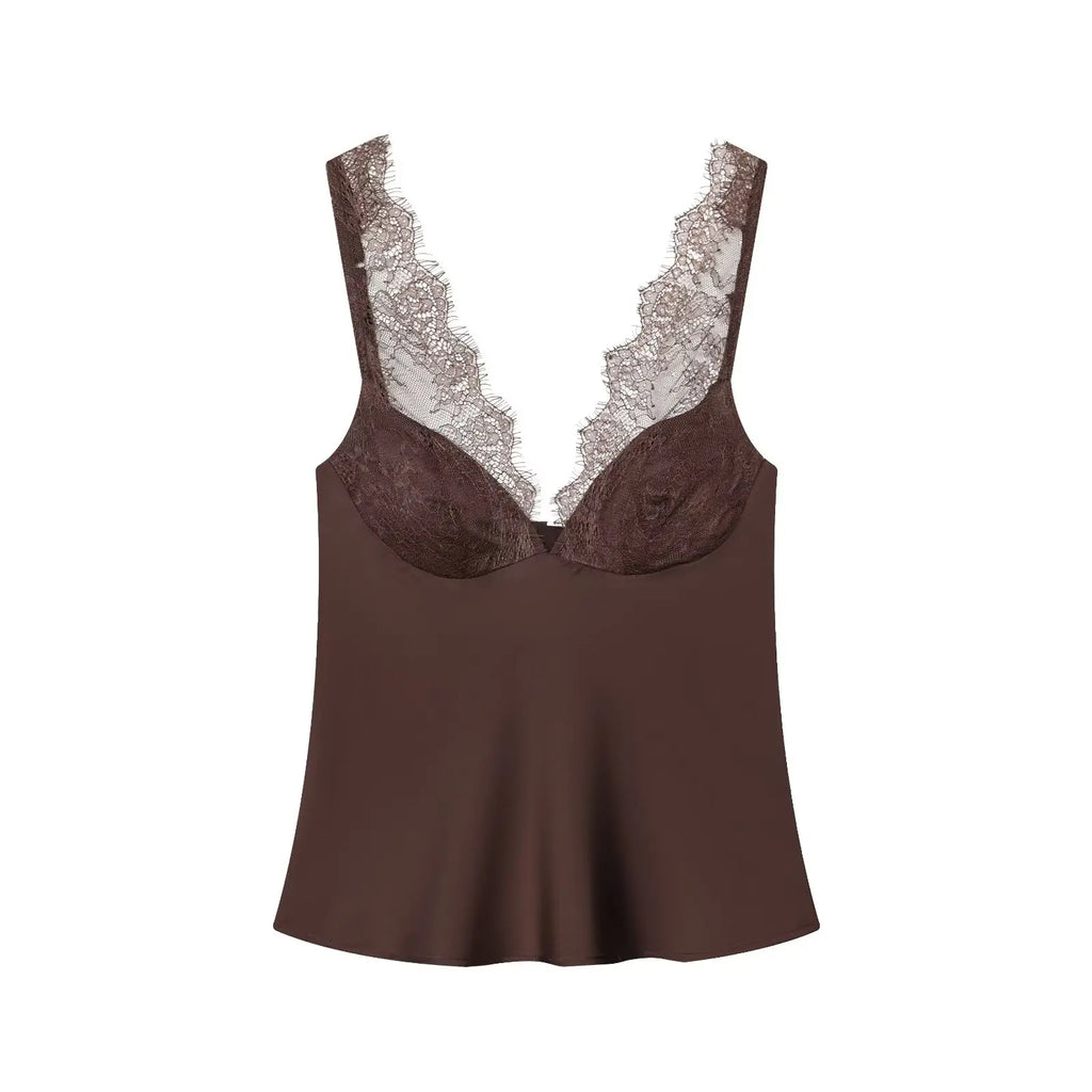 HH Elegant Women Lace Splice Sexy Satin Sling Tops 2026 Spring Summer Fashion Female V-Neck Backless Slimming Underwear Vest
