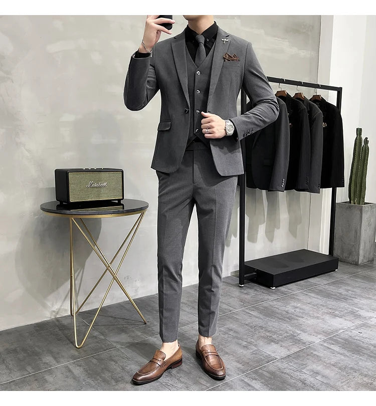 Blazer Vest Pants Men's Navy Blue Suit Set Slim Fit Blazer Vest Pants Formal Outfit for Business Wedding Office Groom Party