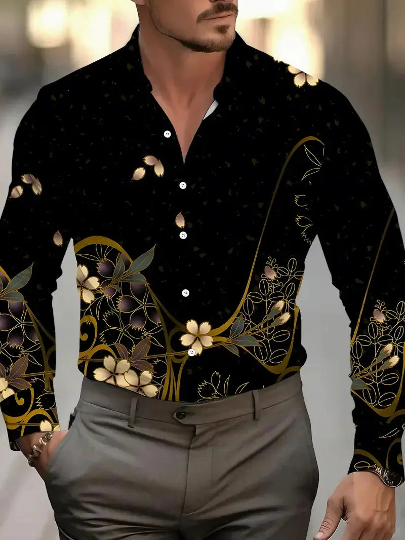 High Quality Men's Leopard Printed Button Shirt Baroque Chain Long Sleeves Party Casual Flap Long Sleeves