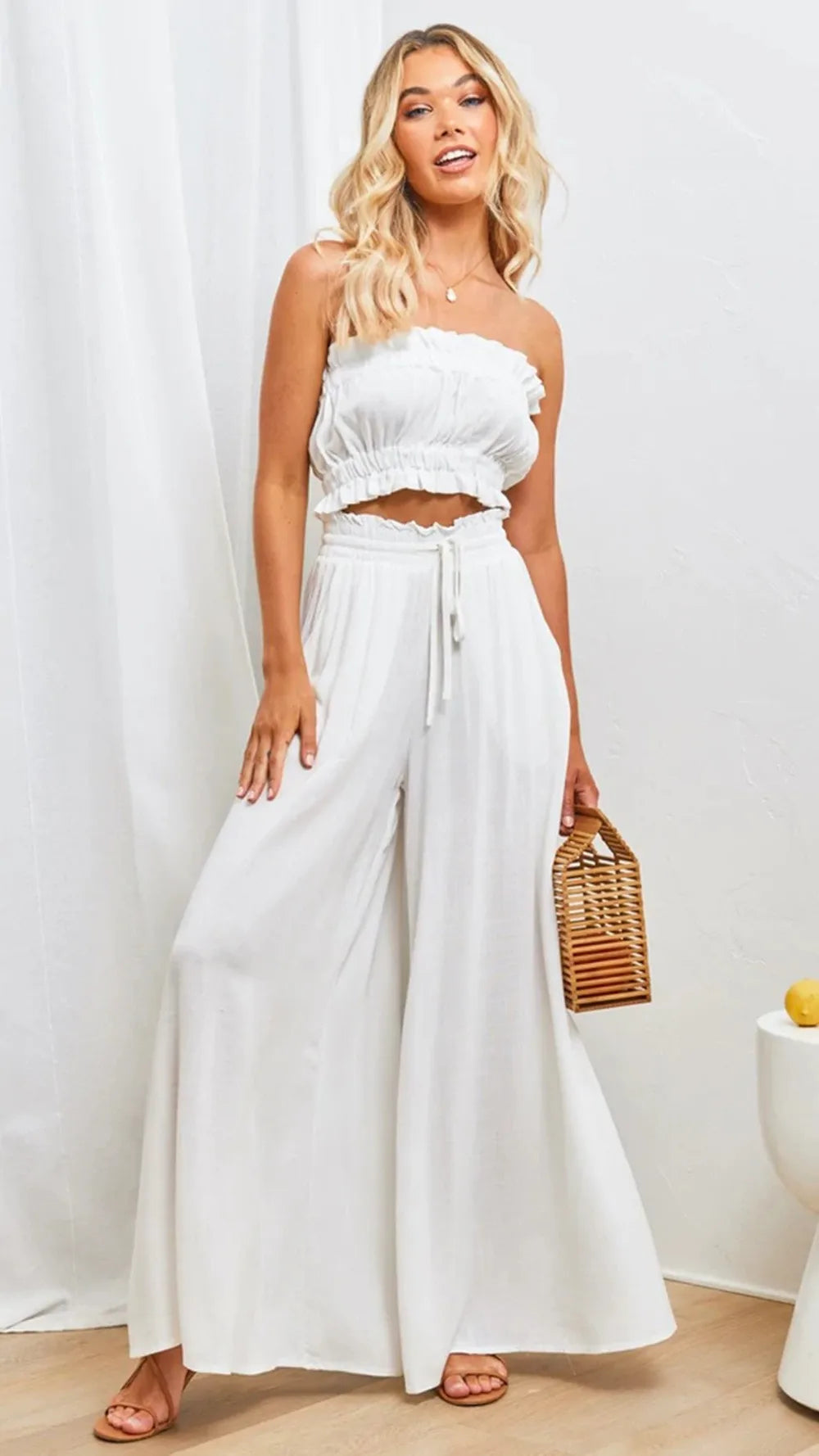 Women's Elastic Long Palazzo Pants Casual Urban Style Tie Detail Polyester Blend Woman Clothes Female Clothing Women's And
