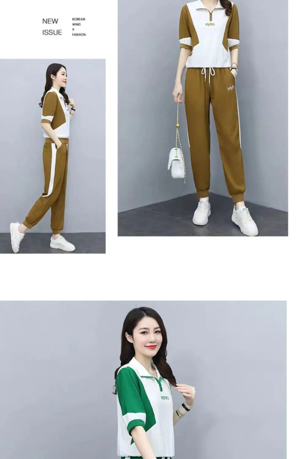 2 Piece Sets Women 2024 Summer Fashion Contrast Color Half Zipper Short Sleeve Tops Casual Pockets Sports Joggers Pants Outfits