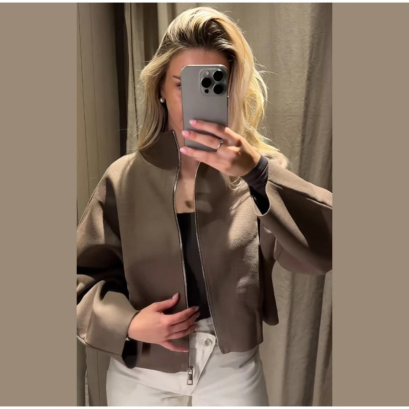 Elegant Knitted Zipper Women's Sweater Solid Full Sleeve Stand Collar Loose Open Stitch Female 2026 Fashion Autumn Outwear Lady