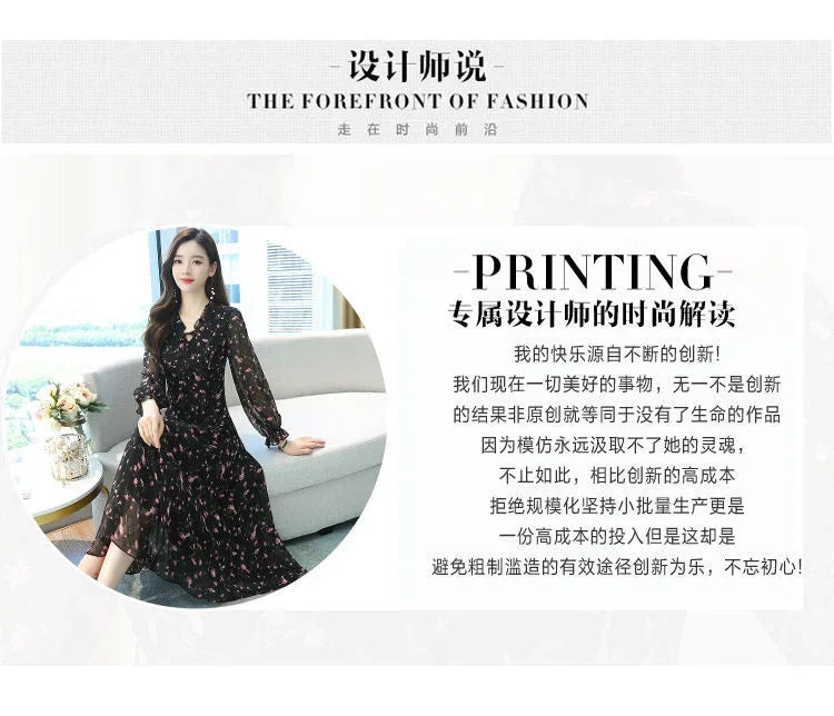 Woman Dress Summer Autumn New Long Sleeve Small Floral Chiffon Dress Dress Vestido De Mujer