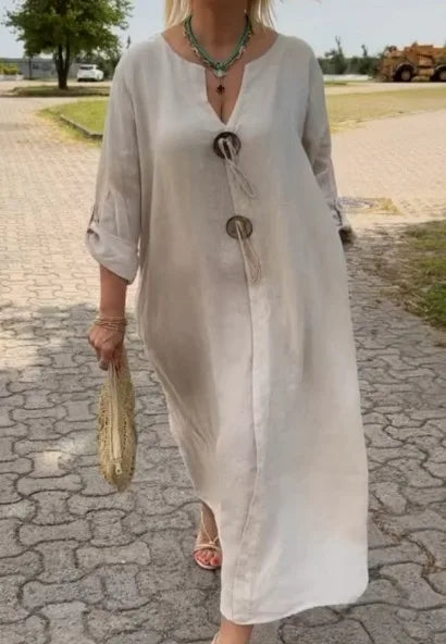 2025 Autumn Solid Maxi Dresses For Women Casual Loose Long Sleeve V Neck Button Streetwear Vacation Basic Dress Vestido Elegante