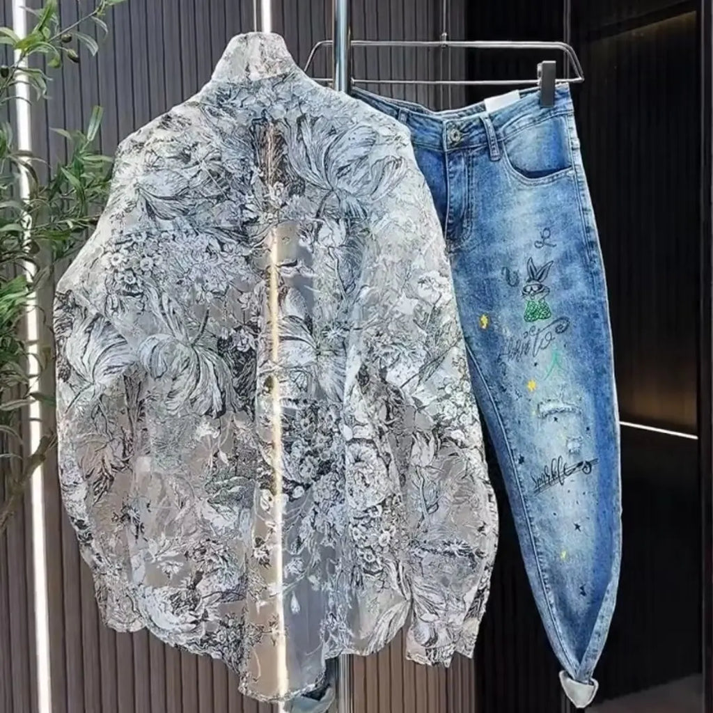 Floral Mesh Shirt For Men Spring Summer Thin Hollow Out Long Sleeve Tops Fashion Handsome Breathable Loose Sexy Shirt Streetwear