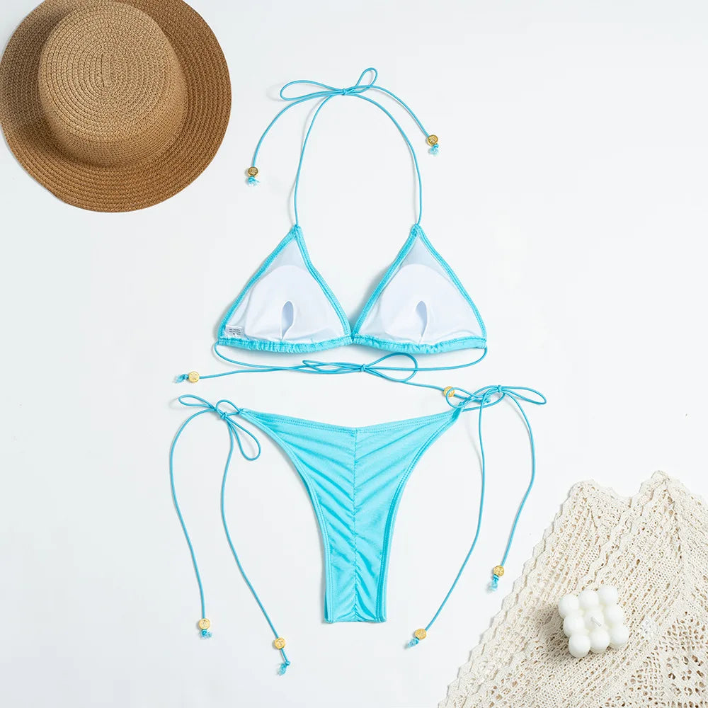 Women Bikini Two Piece Summer Sexy Halter Neck String High Waist Backless Solid Slim Holiday Beach Swimsuit Brazilian Swimwear