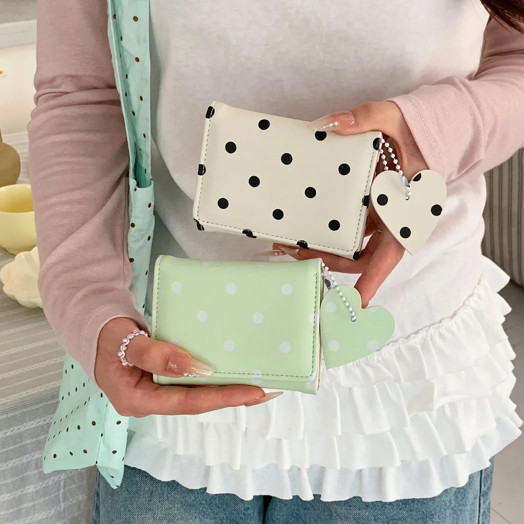 Mini Bifold Women's Wallet, Polka Dot PU Multi-functional Key Hanging Card Holder Purse for Daily Outing Small Gift