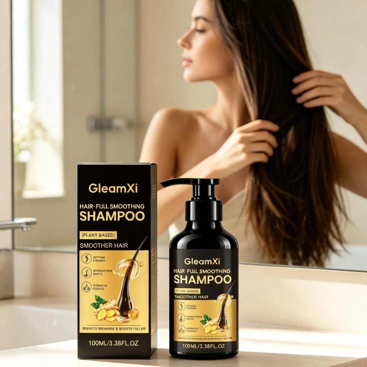GleamXi Ginger Smoothing Shampoo Deep Nourishing Scalp Strengthen Roots Reduce Frizzy Hair Gentle Hydrating Plant Based Shampoo