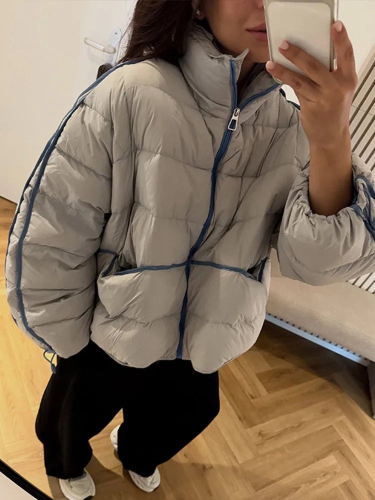 Casual Contrasted Color Women's Cotton Coats Zippers Stand Collar Loose Lady Thicken Jackets 2026 Autumn Winter Female Tops New