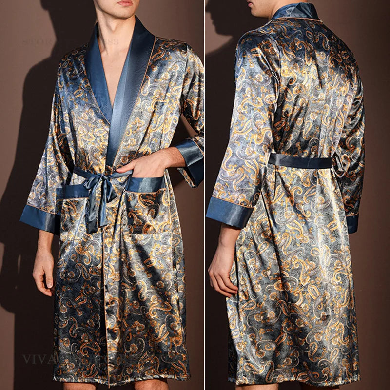 Pajama Men's Robe Kimono Gown Bathrobe with Pockets Print Sleepwear Home Clothing Spring Autumn Satin Nightwear Loose Loungewear