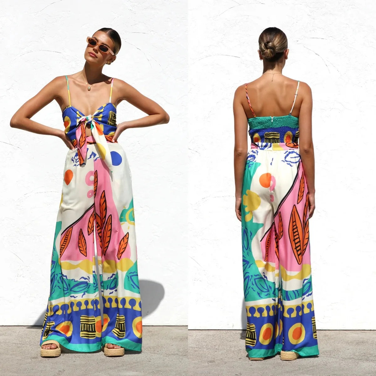 Spring Summer Print Spaghetti Strap Jumpsuits Women Fashion Sexy Hollow Out Leace-up High Waist Wide Legs Jumpsuit Bohemian New