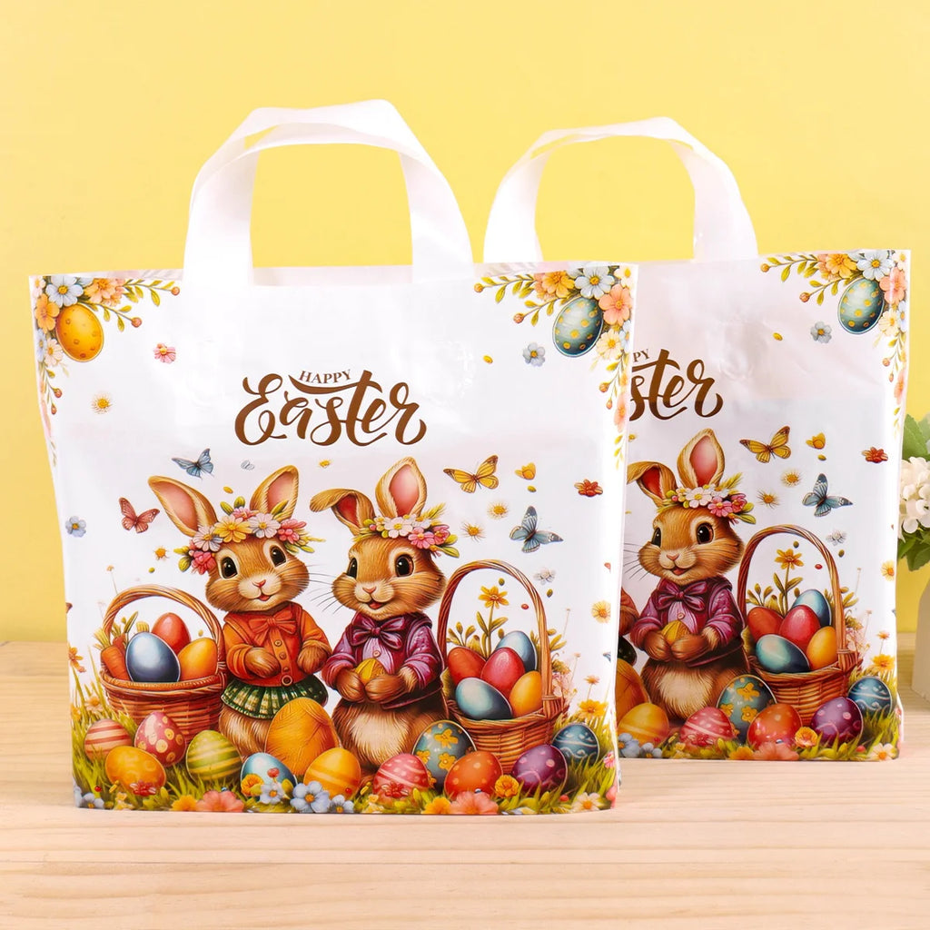 6pcs Happy Easter Large Gift Bags with Handles 25*30cm Plastic Tote Bags Cute Bunny Eggs Printed Treat Bags Easter Party Needs