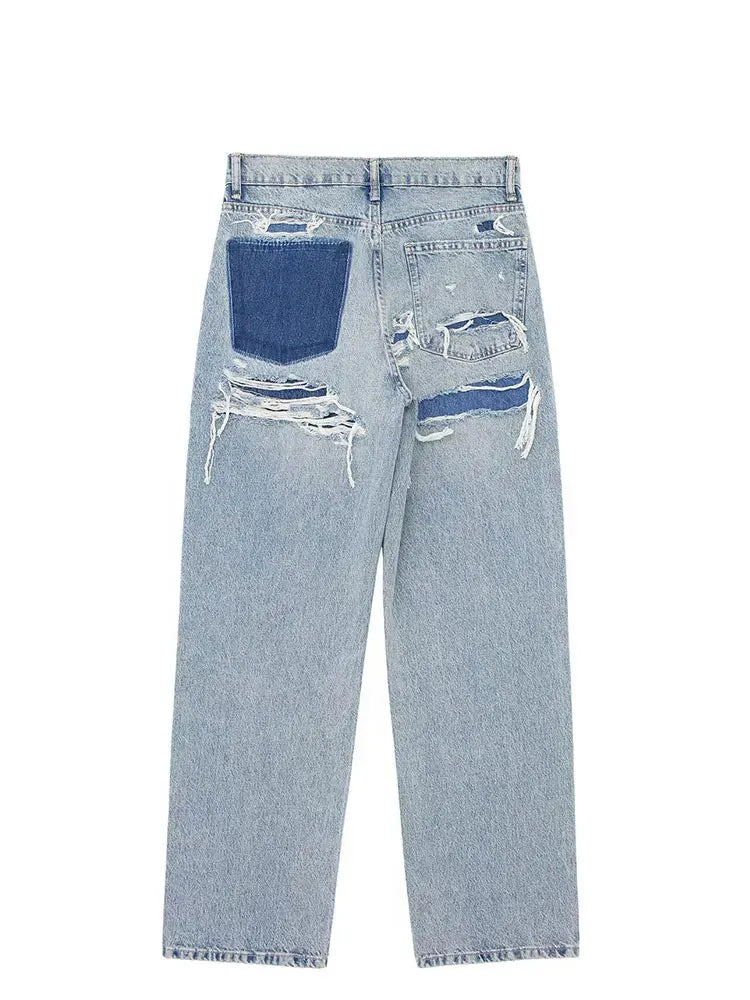 Jeans For Women 2024 Denim Solid Loose Zipper Fly Female Hole Trouser Pockets Wild Basic Commute Woman Wide Leg Long Pant